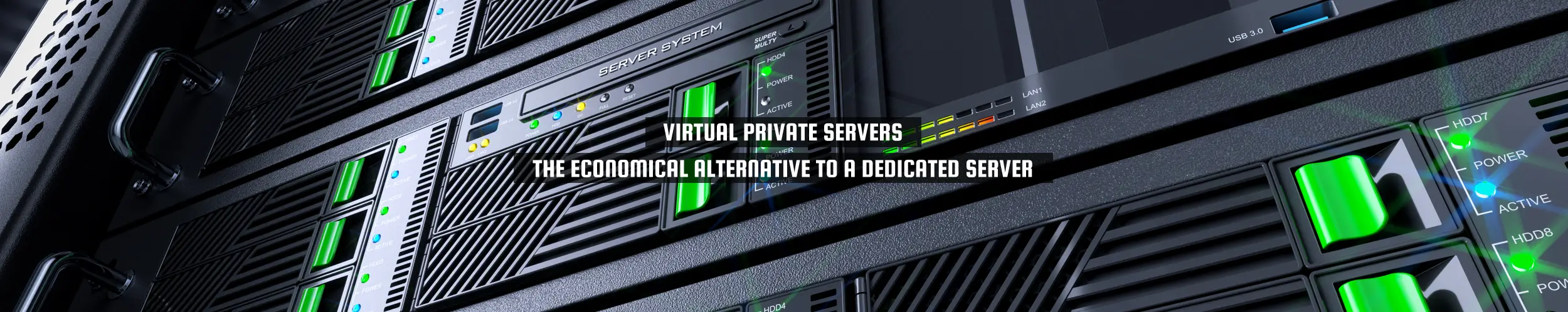 52Degrees Virtual Hosting - feature image | "virtual private servers - the economical alternative to a dedicated server" | close up of a virtual private server with green glowing lights | Telecoms Solutions, Norwich